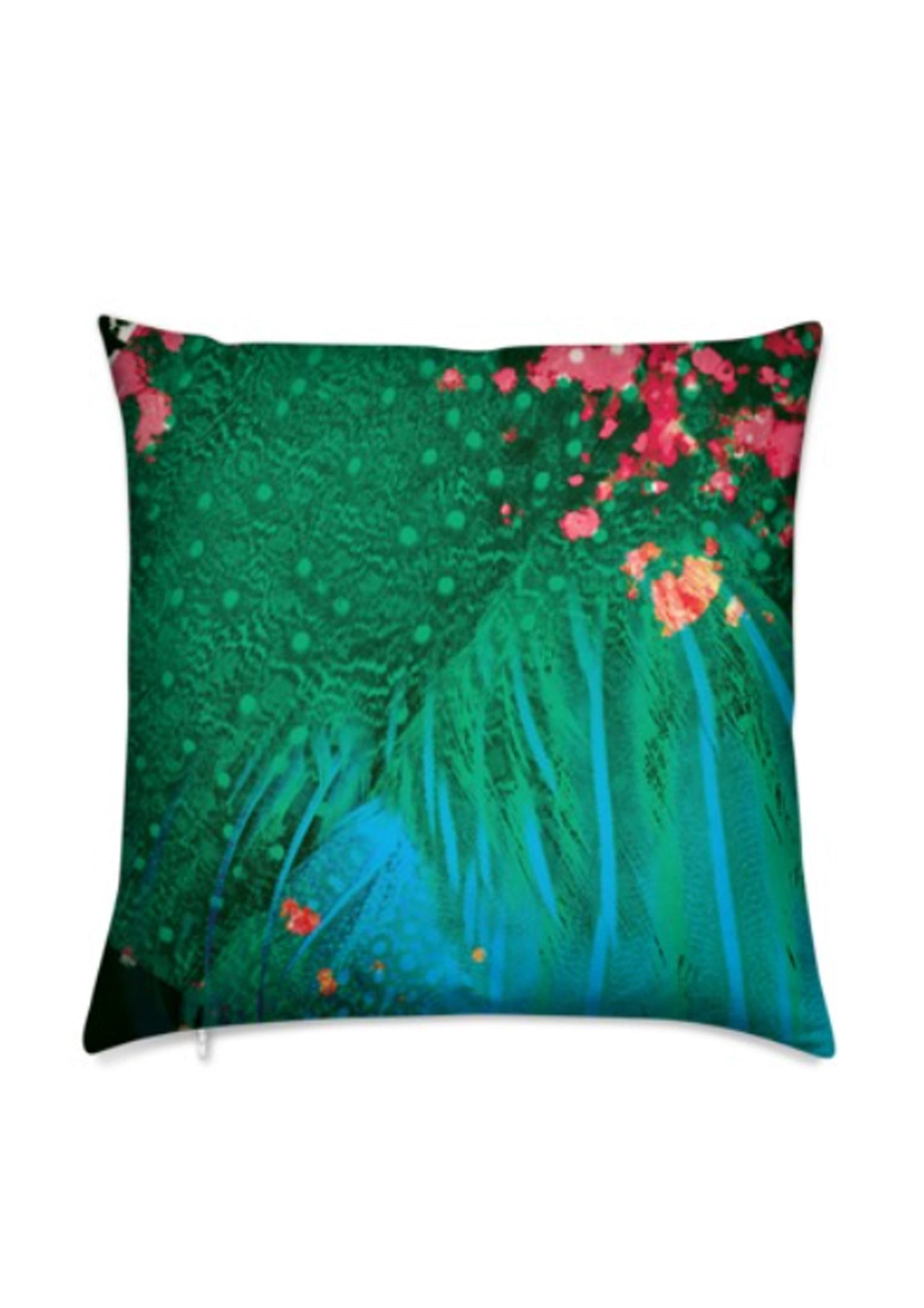 Green and pink feather velvet cushion